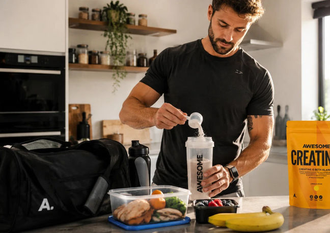 Man in kitchen using Awesome Supplements products