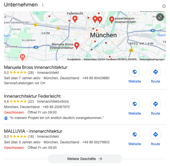 Manuela Bross Interior Design , Interior Design Federleicht und Malluvia - Interior Design, angezeigt auf Google Maps für den Suchbegriff 'Interior Design München'.