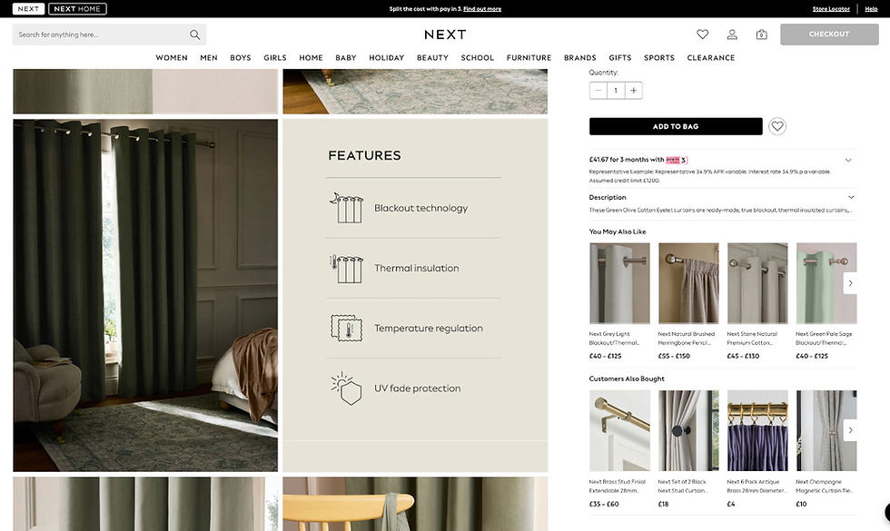 Screenshot from NEXT showing high quality image photography used to show curtains and how they look in different lights.