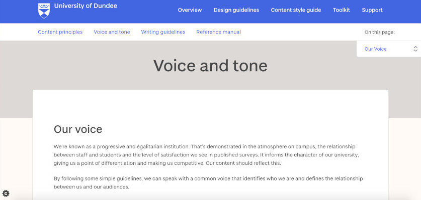 A screenshot of the University of Dundee's Tone of Voice Guidelines. The opening paragraph shows the heading 'Voice and Tone'