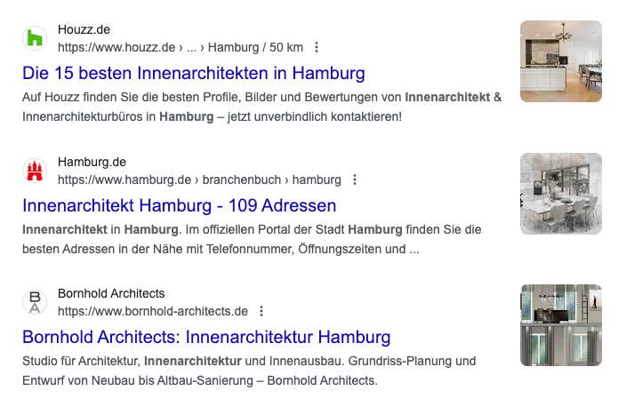 Die Google-Suchergebnisse für die Phrase „Innenarchitekten Hamburg“ zeigen die Website Houzz auf der ersten organischen Position