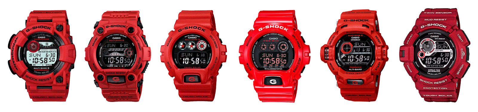 todos los relojes G-Shock que utilizan siglas RD (burning Red) y 4 en su referencia de modelo