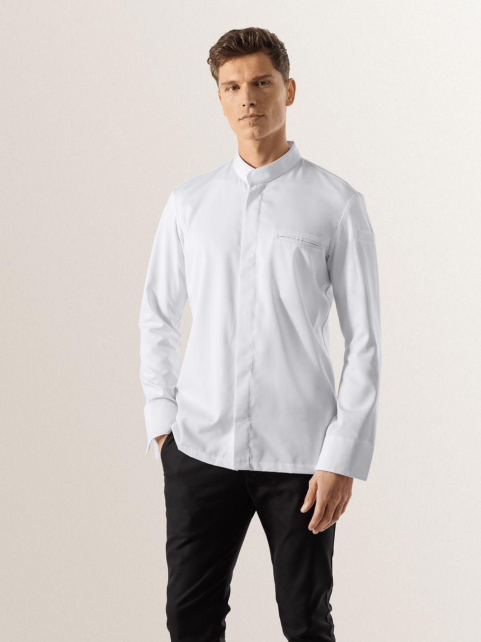 Le Nouveau Chef Alain White Chef Jacket on Man Front View
