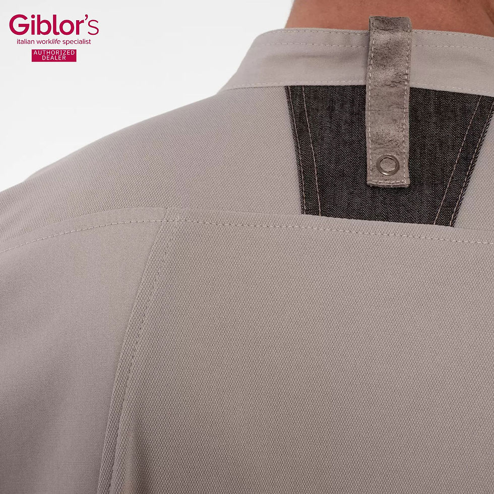 Thumbnail: Giblor's Nathan Short Sleeve Chef Jacket Taupe Rear Neck Detail with Authorised Dealer Logo