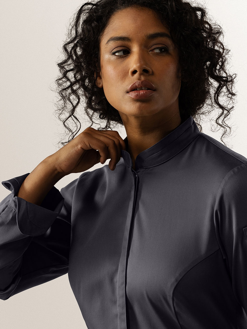 Thumbnail: Le Nouveau Chef Esmee Women's Long Sleeve Chef Jacket Grey Front Close Up
