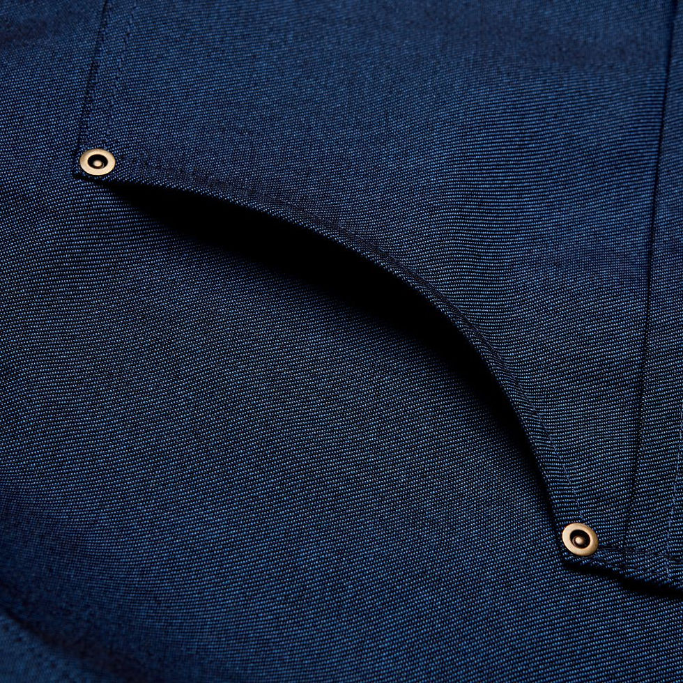 Thumbnail: Oliver Harvey Adjustable Bib Apron with Leather Strap Navy Pocket Detail