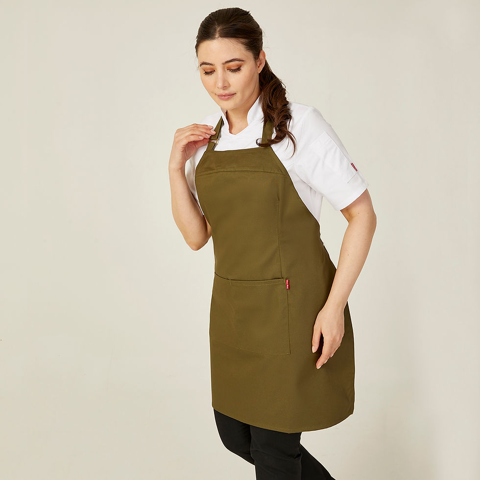 Thumbnail: Oliver Harvey Women's Fitted Bib Apron Olive Worn by Woman