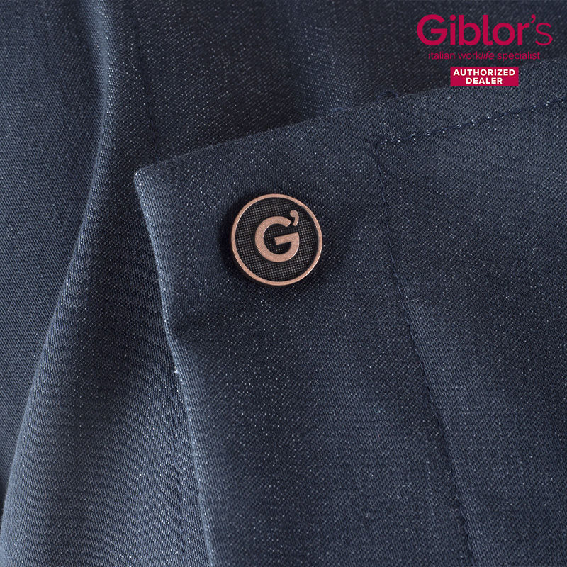 Thumbnail: Giblor's Eric Long Sleeve Dark Blue Chef Jacket Front Button Close Up