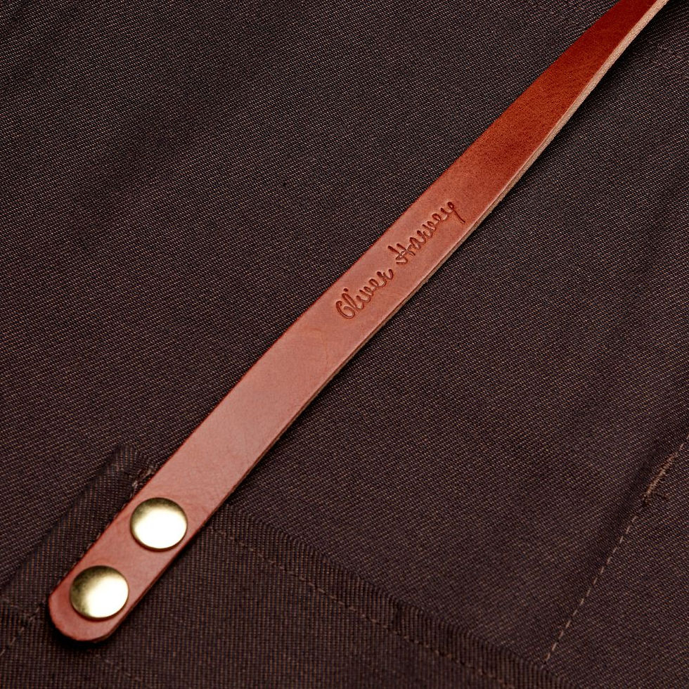 Thumbnail: Oliver Harvey Adjustable Bib Apron with Leather Strap Brown Close Up