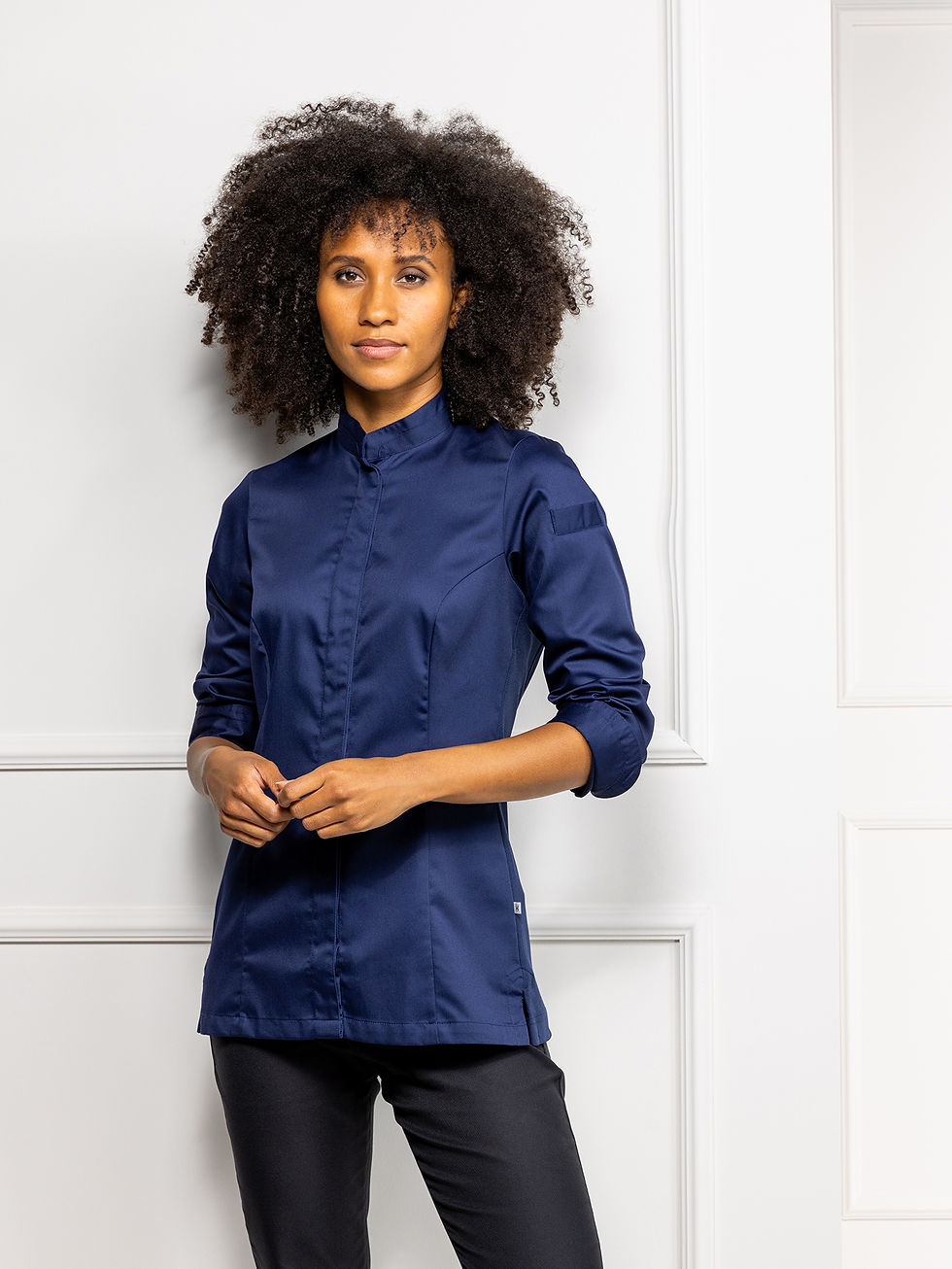 Thumbnail: Le Nouveau Chef Esmee Women's Long Sleeve Chef Jacket Patriot Blue on Woman Front View