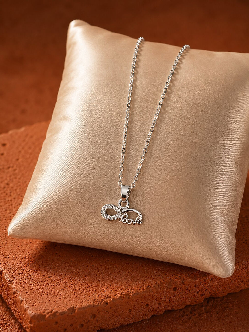 Infinity Love Silver Necklace with sparkling infinity and love pendant displayed on a satin cushion with a luxury styled back