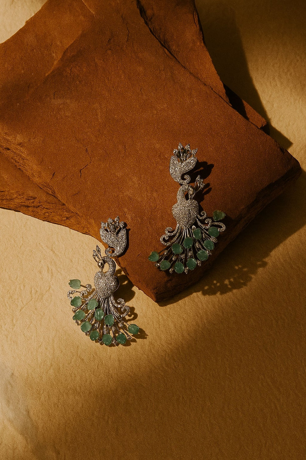 Mayura silver plated American diamond peacock earrings with green stone drops and intricate traditional design