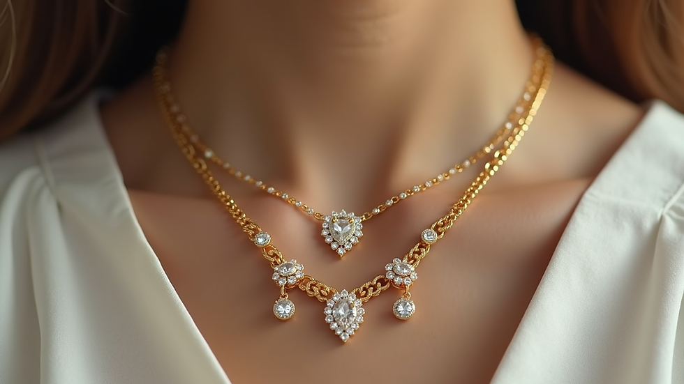 Eye-level view of a gold-plated American diamond necklace set with matching earrings