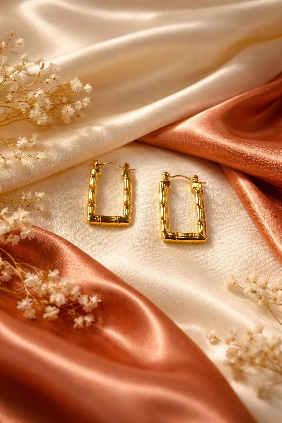 gold look rectangular hoop earrings for women modern structured design flatlay