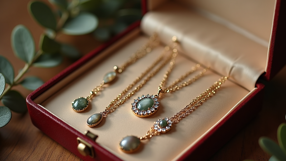 Eye-level view of a jewelry box with various elegant necklaces