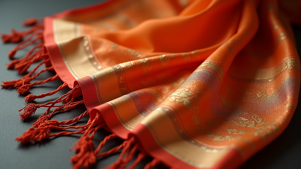 Eye-level view of a traditional Kanjeevaram silk saree draped elegantly