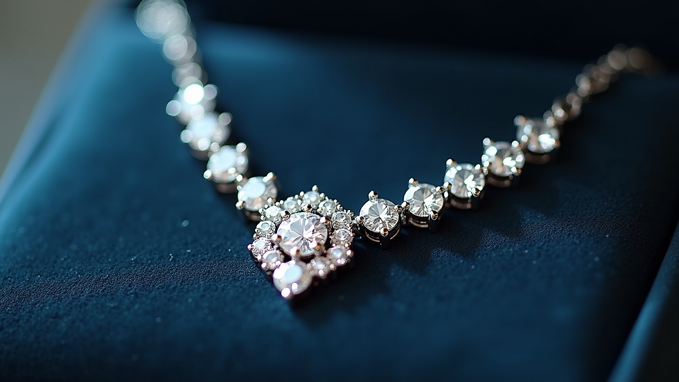 Close-up view of a sparkling American diamond necklace on a velvet display