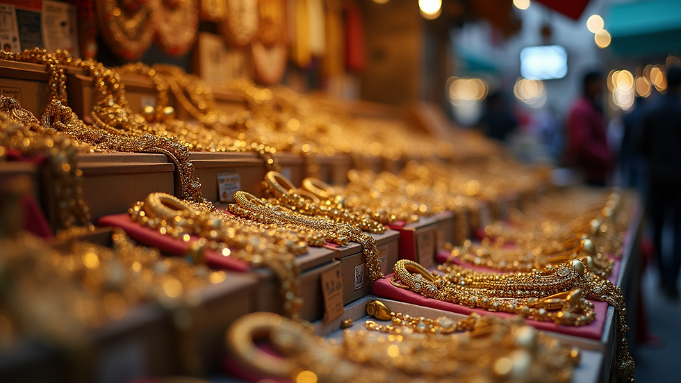 Eye-level view of traditional imitation jewellery displayed in a market