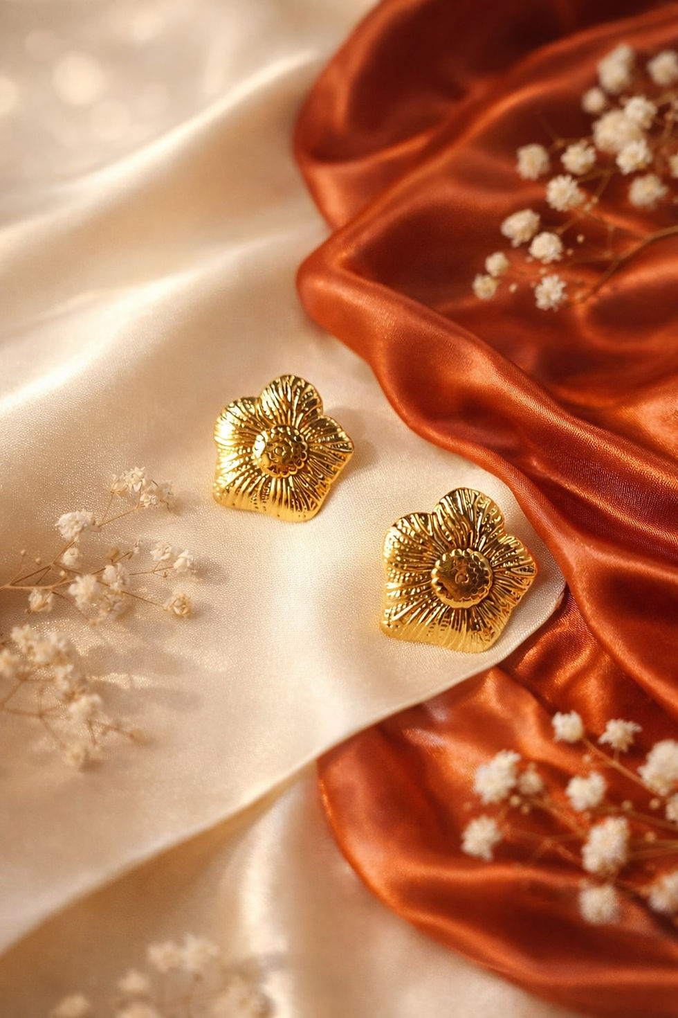 gold floral stud earrings for women textured gold tone jewelry