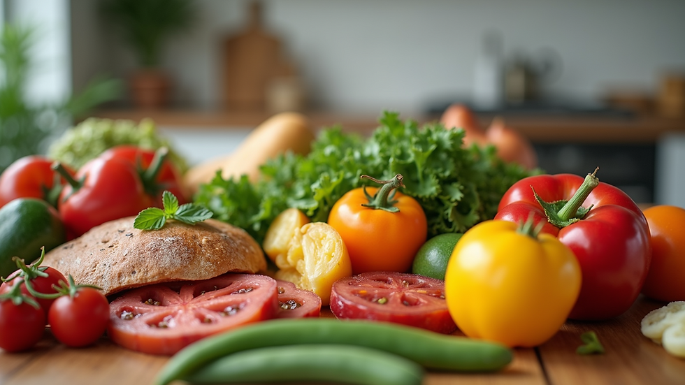 Eye-level view of a table with assorted healthy foods