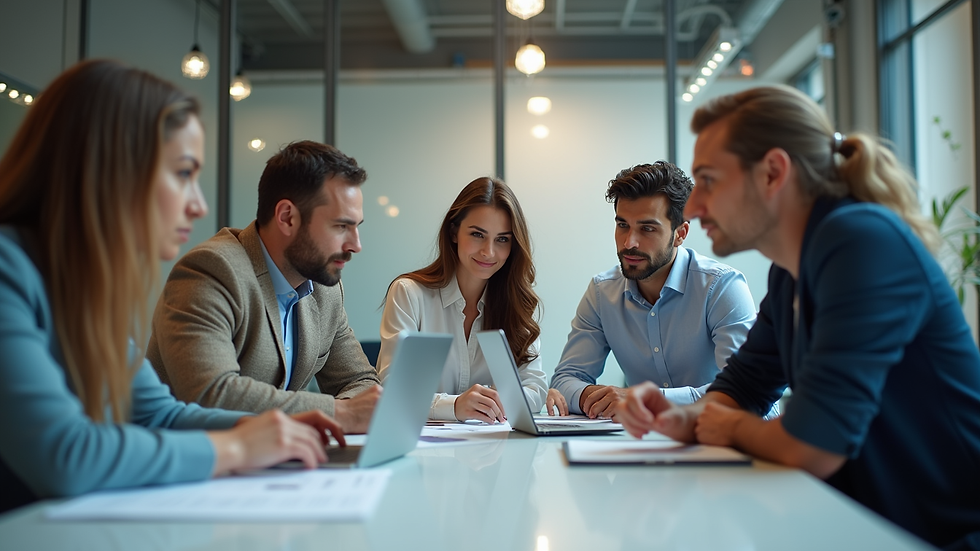 Eye-level view of a digital marketing team discussing strategies in an office
