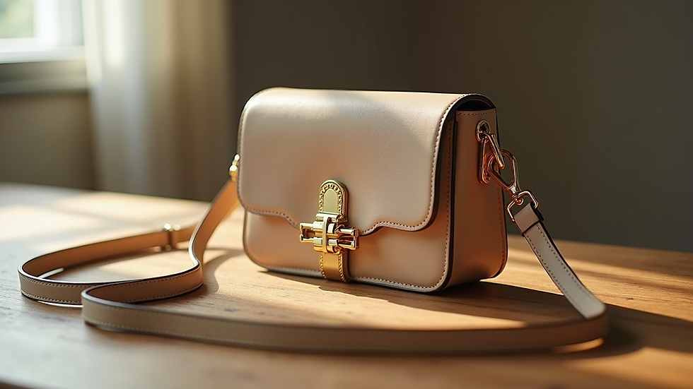 Close-up view of a beige crossbody bag with gold hardware on a wooden table