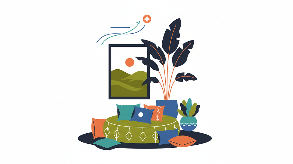 Close-up view of a cozy meditation corner with cushions and plants
