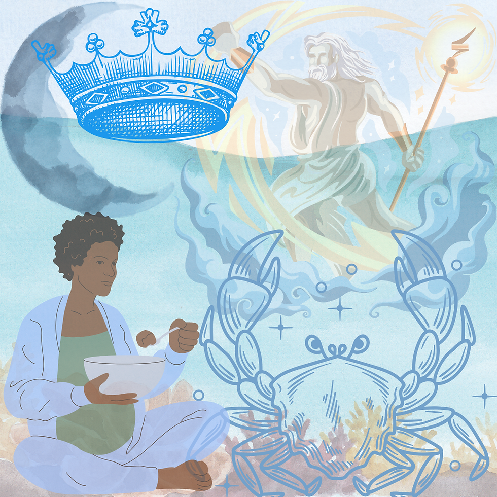 Person eating cereal sits under a blue crown and crescent moon. A mythical figure with a trident and a patterned crab are nearby.