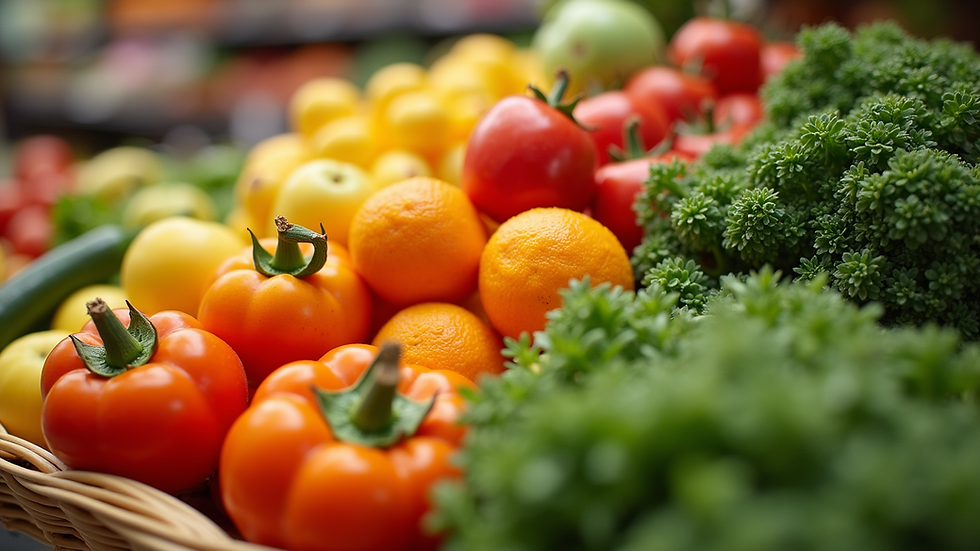 Close-up view of a colorful assortment of fresh fruits and vegetables
