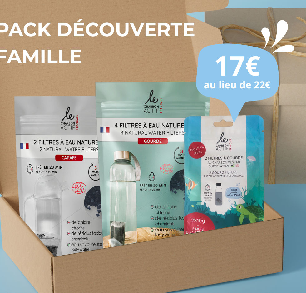Pack famille avec filtres à eau pour carafe, gourde et enfant
