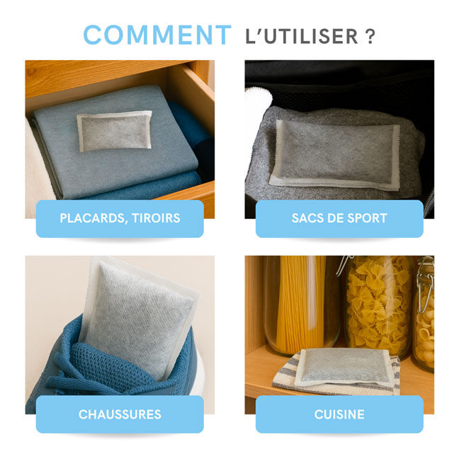 utilisation des sacs absorbeurs d'humidité en cuisine, pour les chaussures, sacs de sport et tiroirs à vêtements