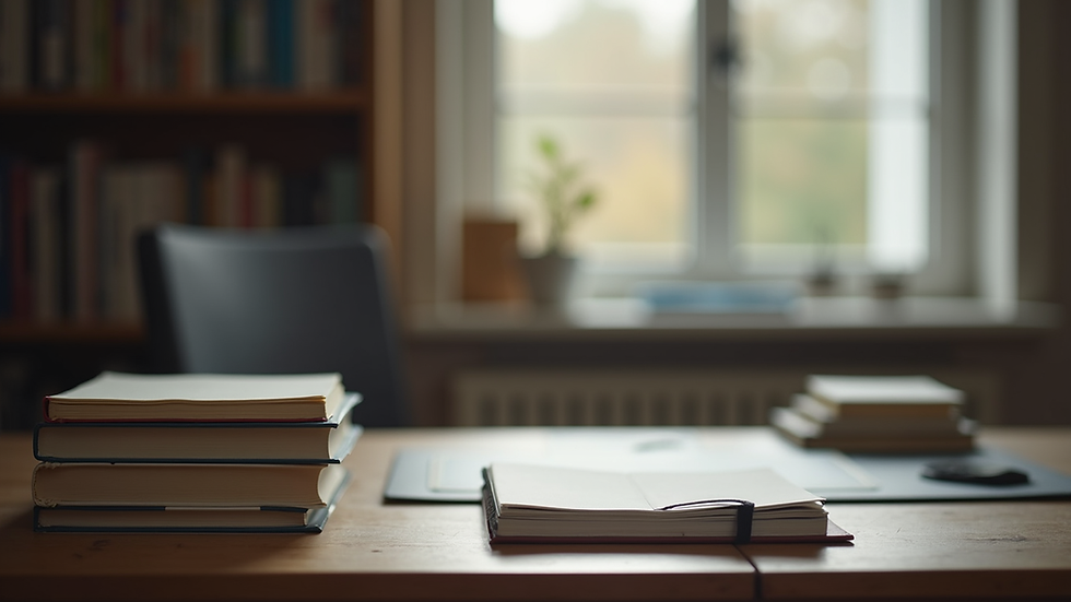 Vue rapprochée d’un bureau de psychologue avec des livres et un carnet de notes
