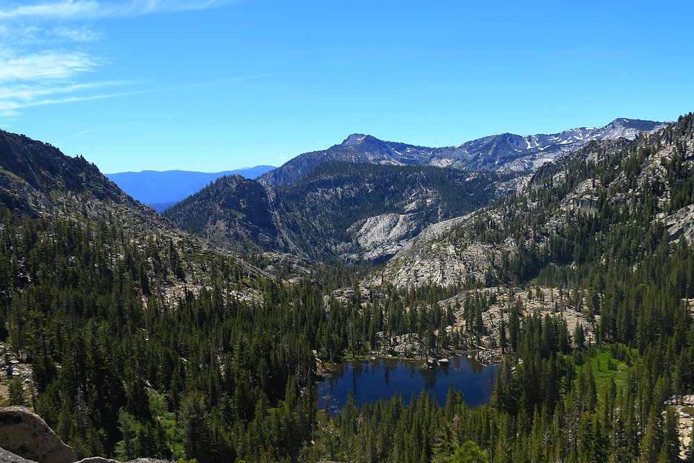 The view from Phipps Pass in the Desolation Wilderness near Lake Tahoe, California. Evergreen trees dot the hillsides, a dark blue lake sits in the middle. Blue skies are clear over grey mountainous terrain