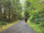 A woman wearing a blue backpack for trail running runs down a trail deep in the lush forests of Vancouver Island in British Columbia, Canada