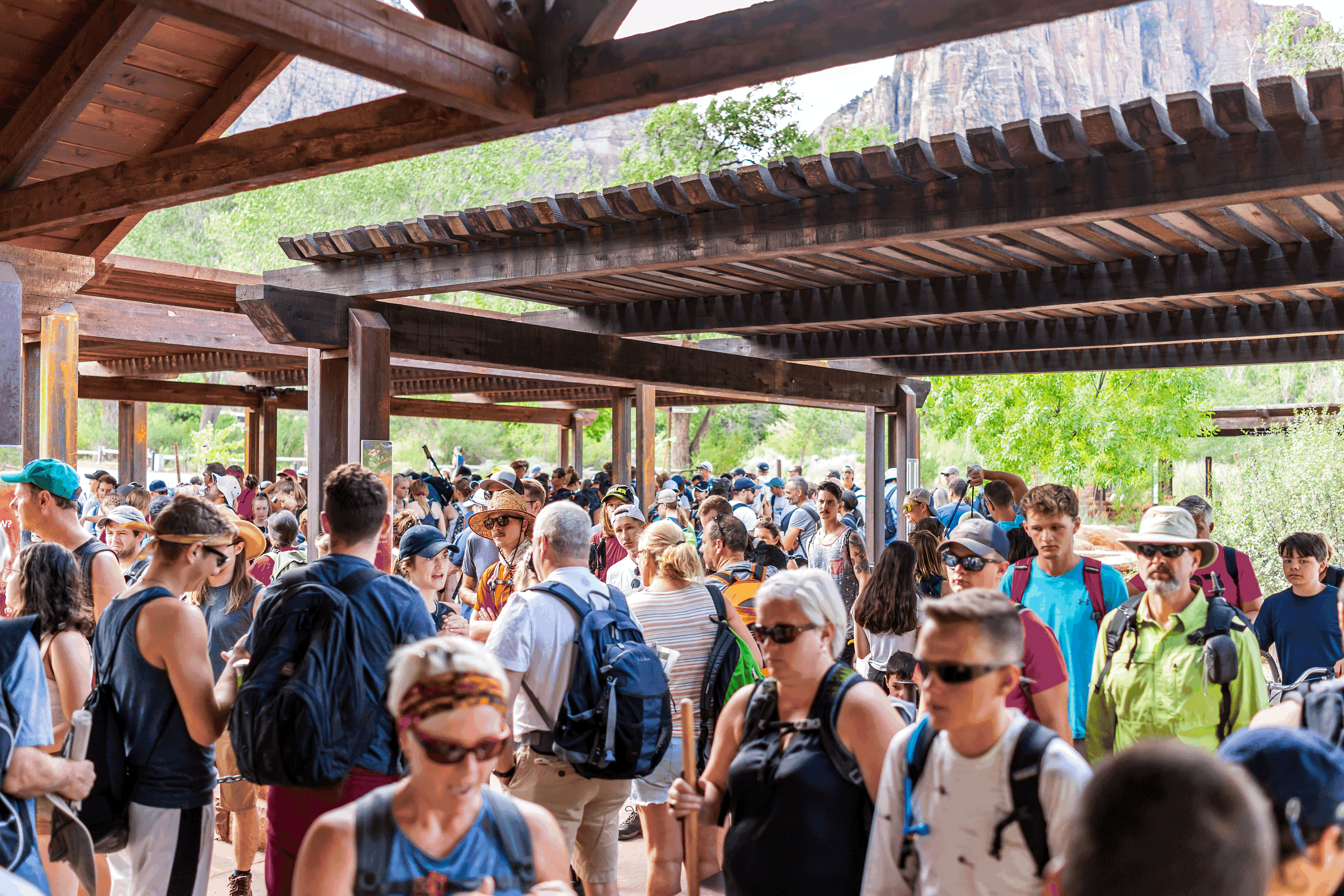 Enormous crowds at the visitor center of Zion National Park in Utah