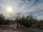 The golden sun blazes through translucent clouds, illuminating a lush desert landscape filled with cacti and scrubby plantlife. Saguaro National Park, Sonoran Desert, Tucson Arizona