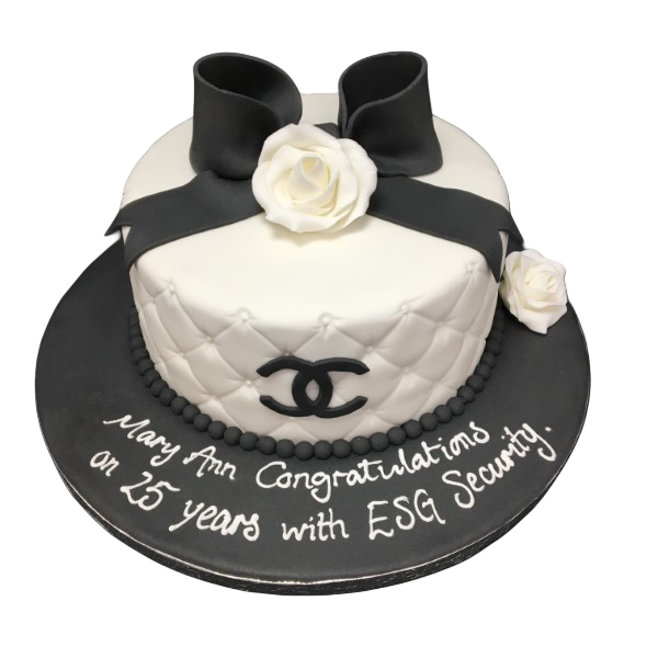 Bespoke Chanel-themed cake with elegant black and white design, crafted for celebration in Solihull, West Midlands.