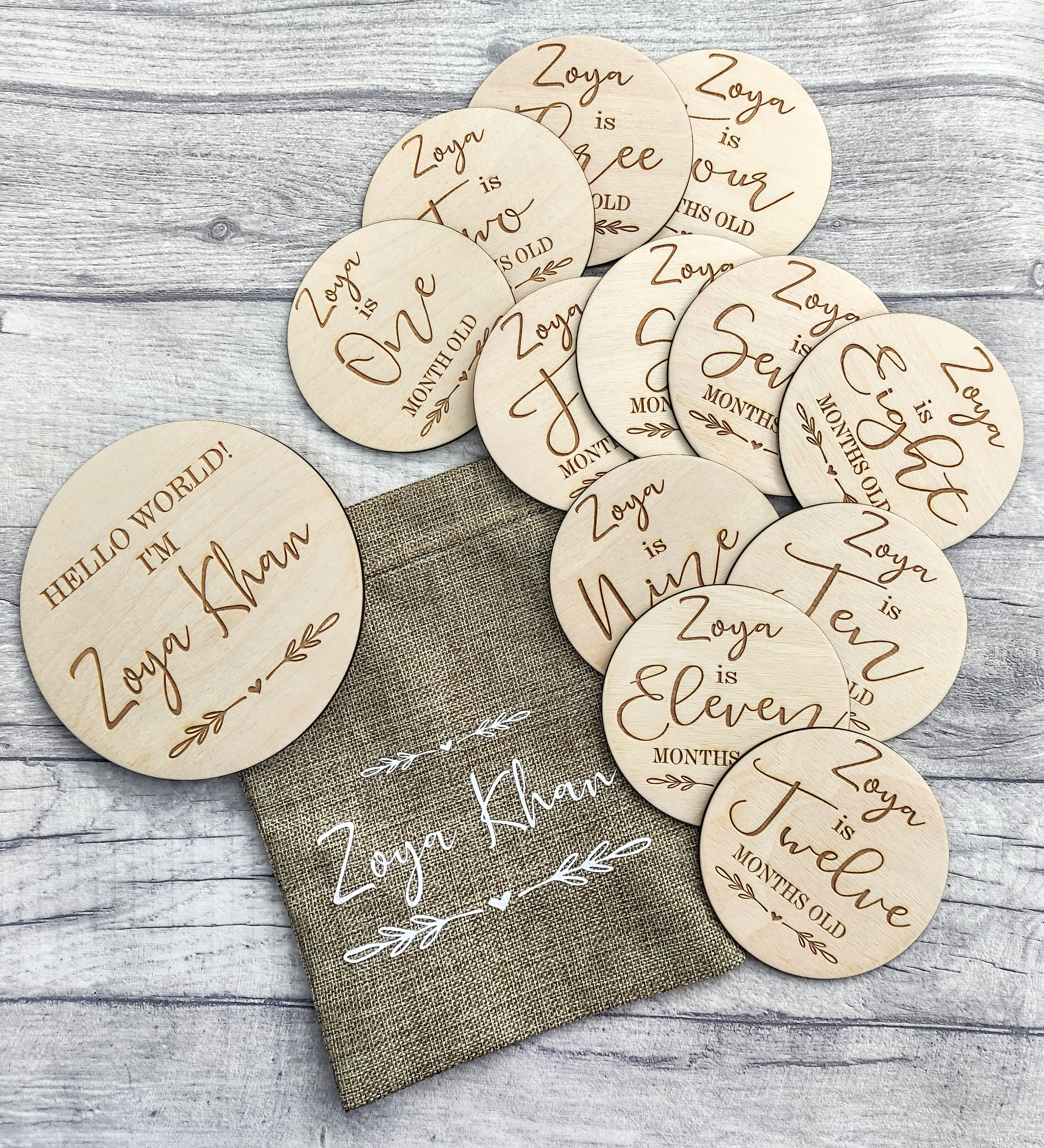 Personalised 13Pcs Wooden Monthly Milestone Baby Cards + FREE jute bag