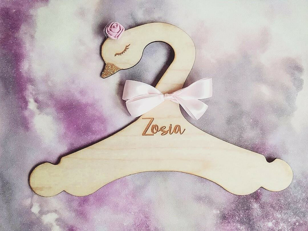 Personalised Wooden Hanger Baby Girl Swan Clothes Gift Name
