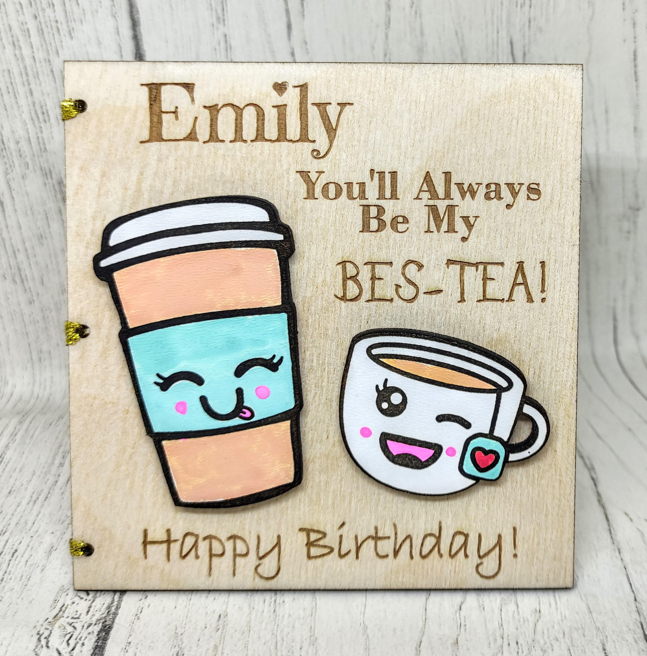 Personalised Wooden Birthday Card Funny Gift Best Friend Bestie Tea