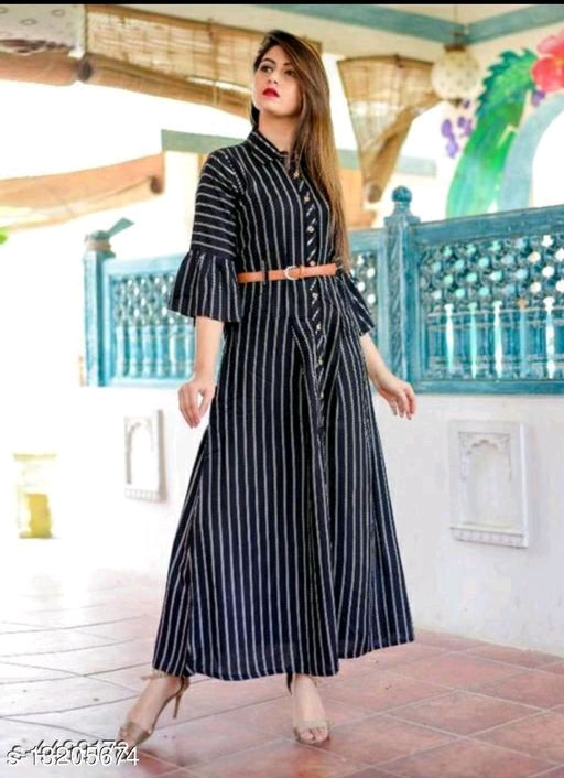 Thumbnail: Catalog Name:*☀️Women Crepe A-line Striped Mustard Kurti*
Fabric: Crepe
Sleeve L