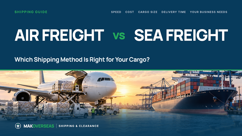 Air Freight vs Sea Freight comparison showing a cargo aircraft and container ship for international shipping.