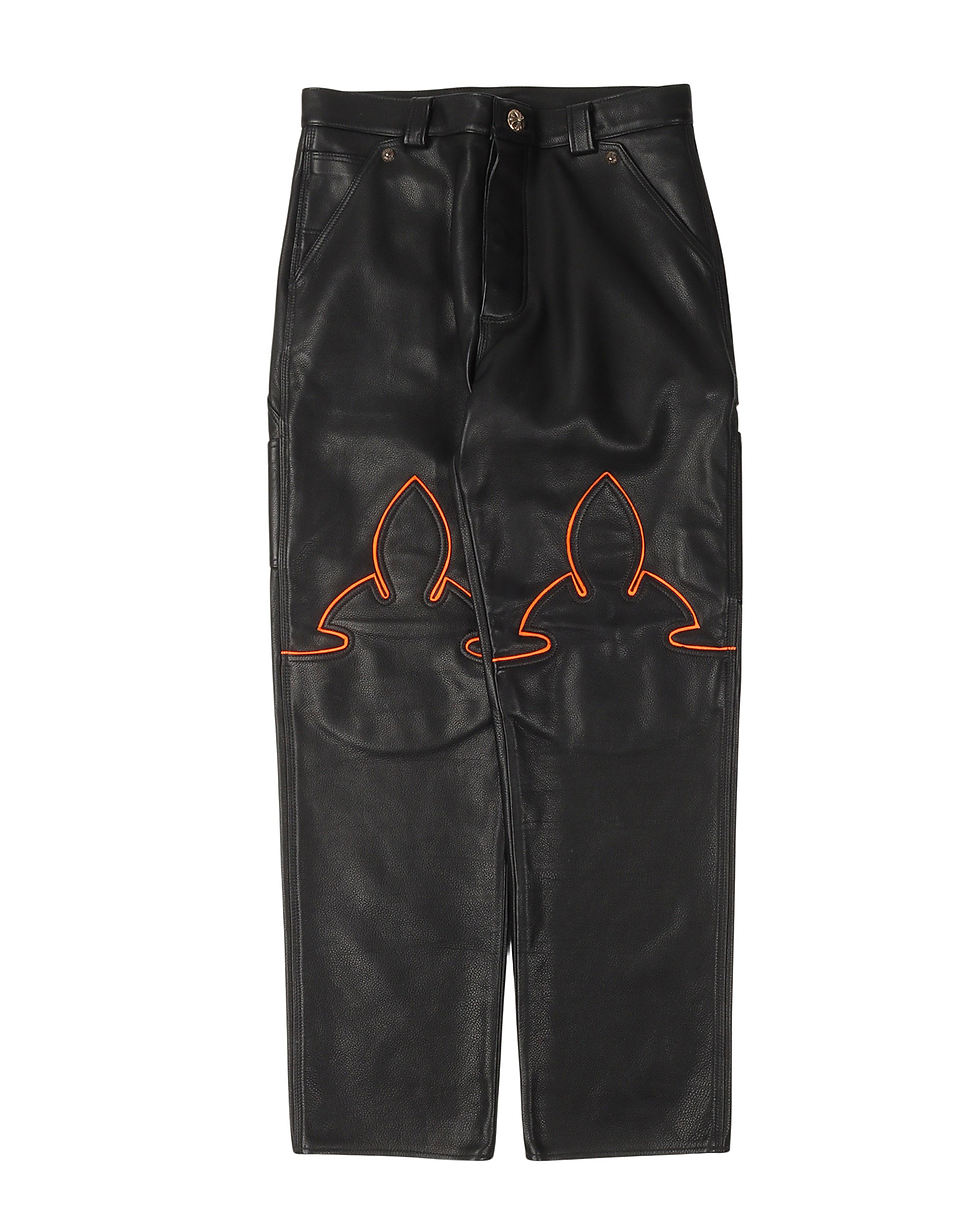 CHROME HEARTS HEAVY LEATHER PANTS WITH ORANGE OUTLINE