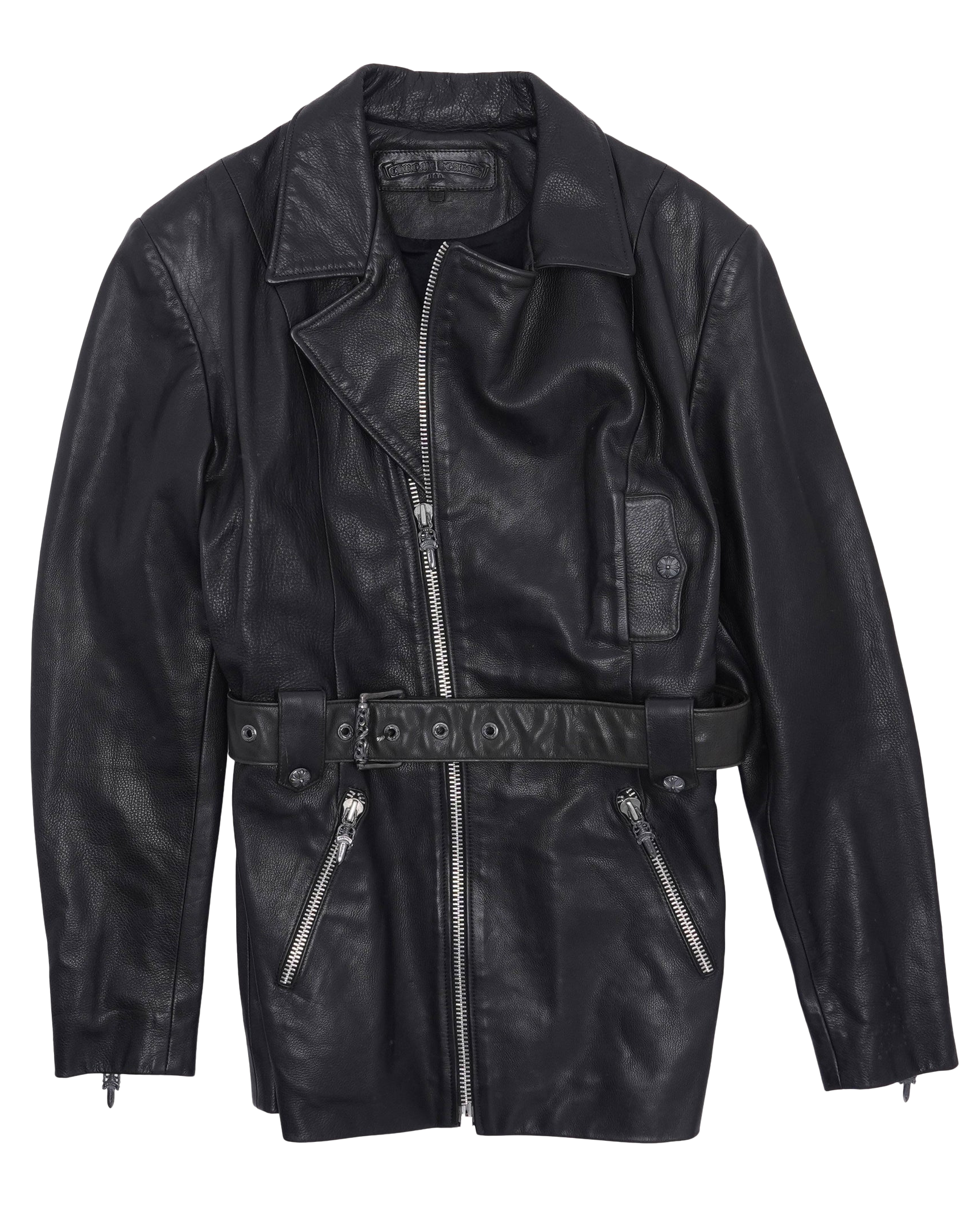 CHROME HEARTS BLACK LEATHER COAT WITH STRAP