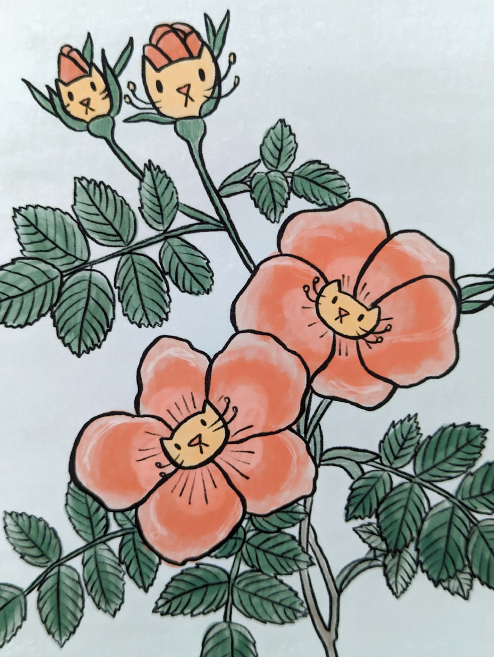 Thumbnail: Botanical Blooms & Playful Cats Peach Art Print