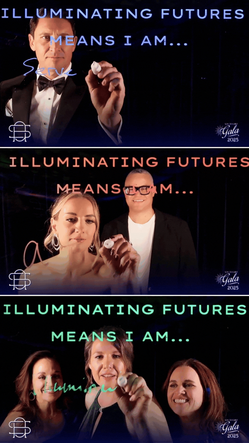 Corporate gala photo booth activation in New Orleans featuring guests writing illuminated messages on glass at a fundraising awards event.