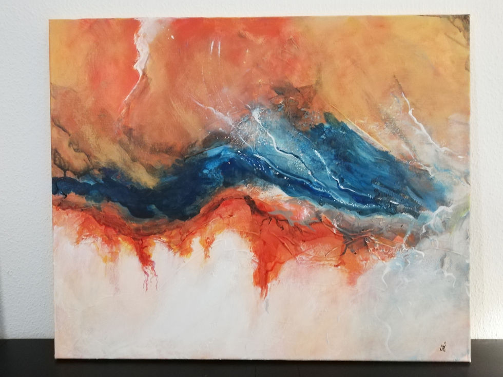 Toile abstraite, orange, bleue et blanche, comme une rivière
