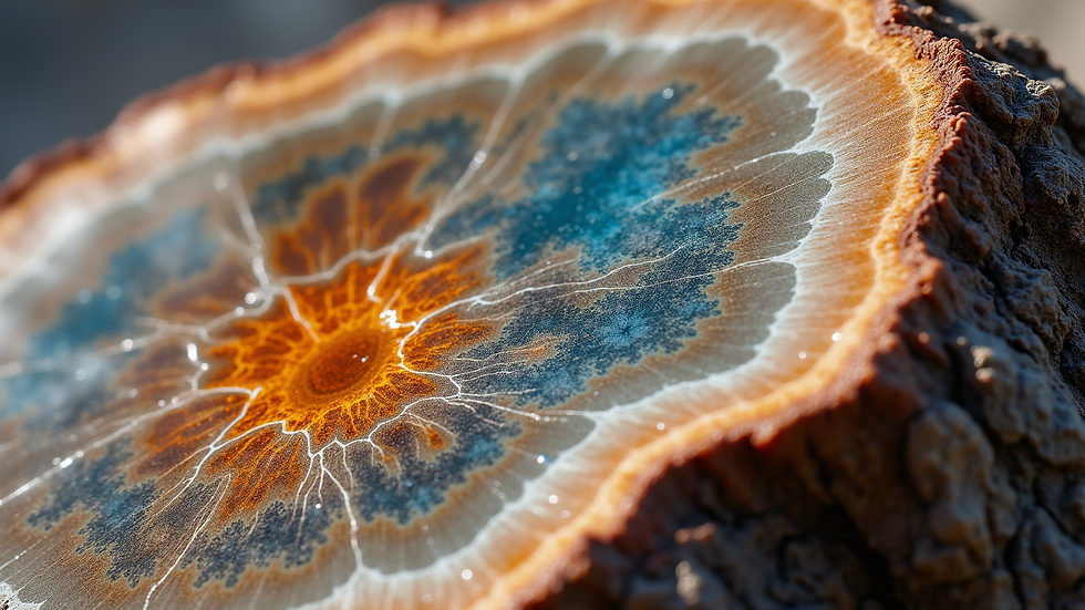 Close-up view of polished petrified wood showing colorful mineral patterns