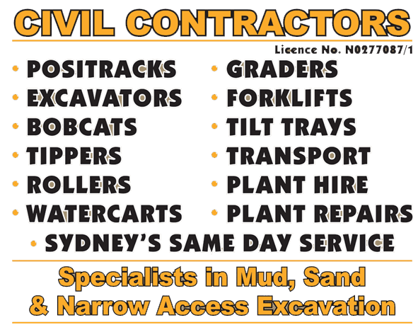 Civil Contractors - Positracks - Excavators - Bobcats - Tippers - Rollers - Watercarts - Graders - Dozers - Tilt Trays - Transport - Plant Hire - Plant Repairs - For Hire In Sydney