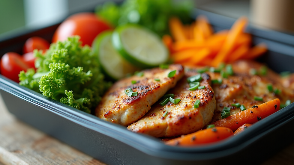 Close-up view of a healthy meal prep container with colorful vegetables and grilled chicken